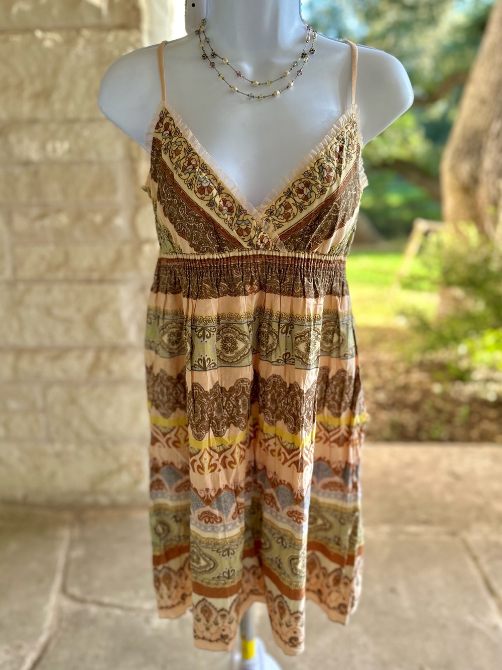 Angie Boho Tiered Patchwork Print Babydoll Empire Waist Mini Dress